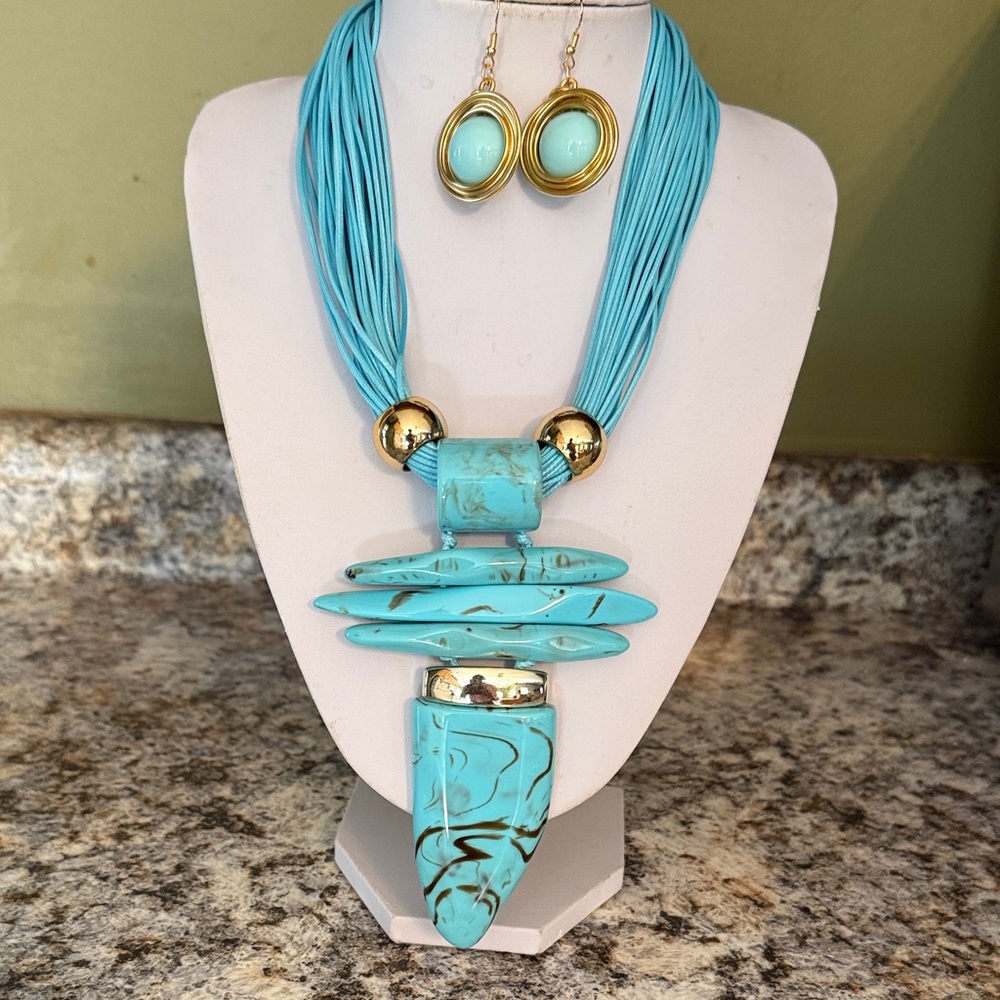 Turquoise and Gold Statement Necklace and Earring Set